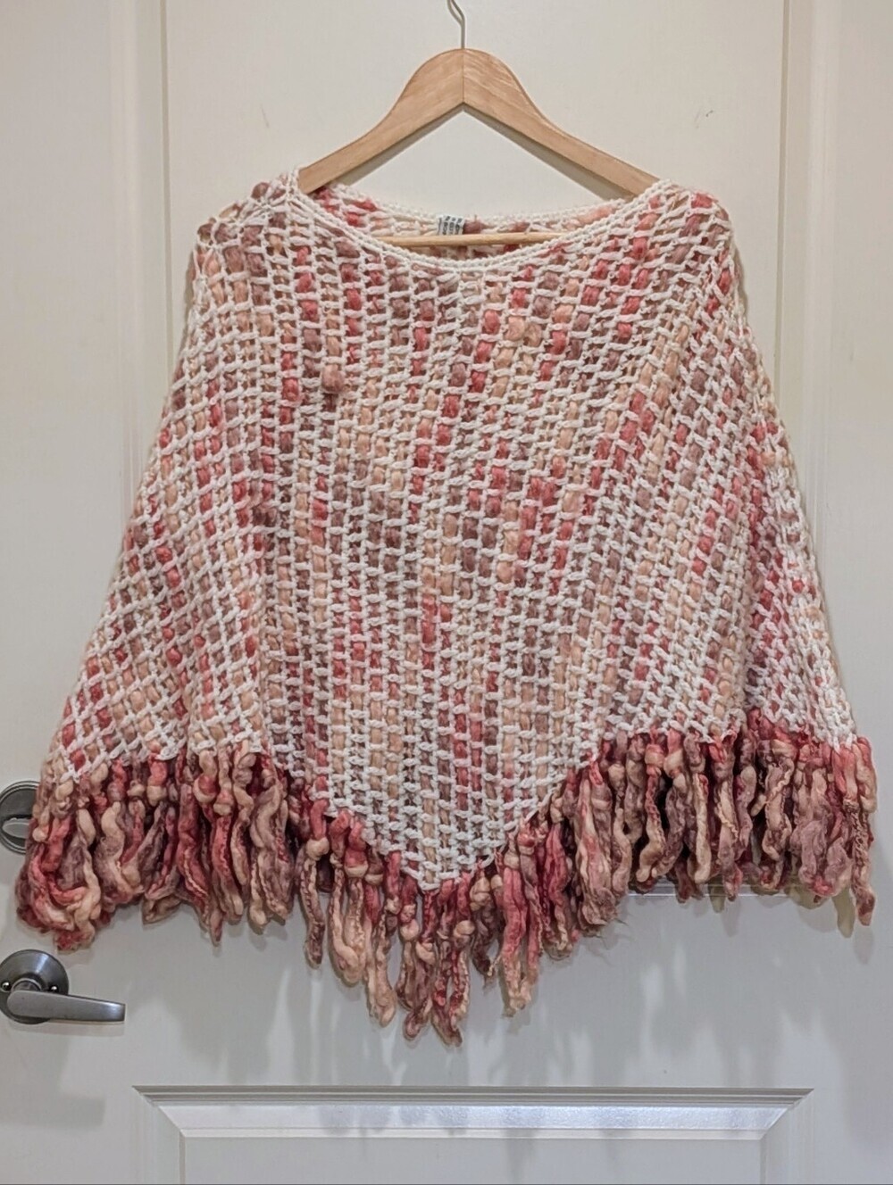 GUC Chunky Acrylic Knit Poncho with Pink and Yellow Puffy Fringe